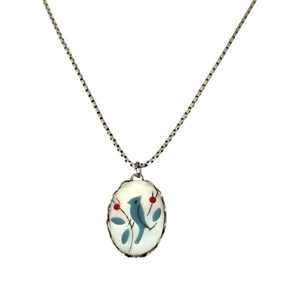 Zuni Vintage Blue Jay Bird Mother of Pearl Pendant Sterling Silver Necklace - Picture 1 of 4